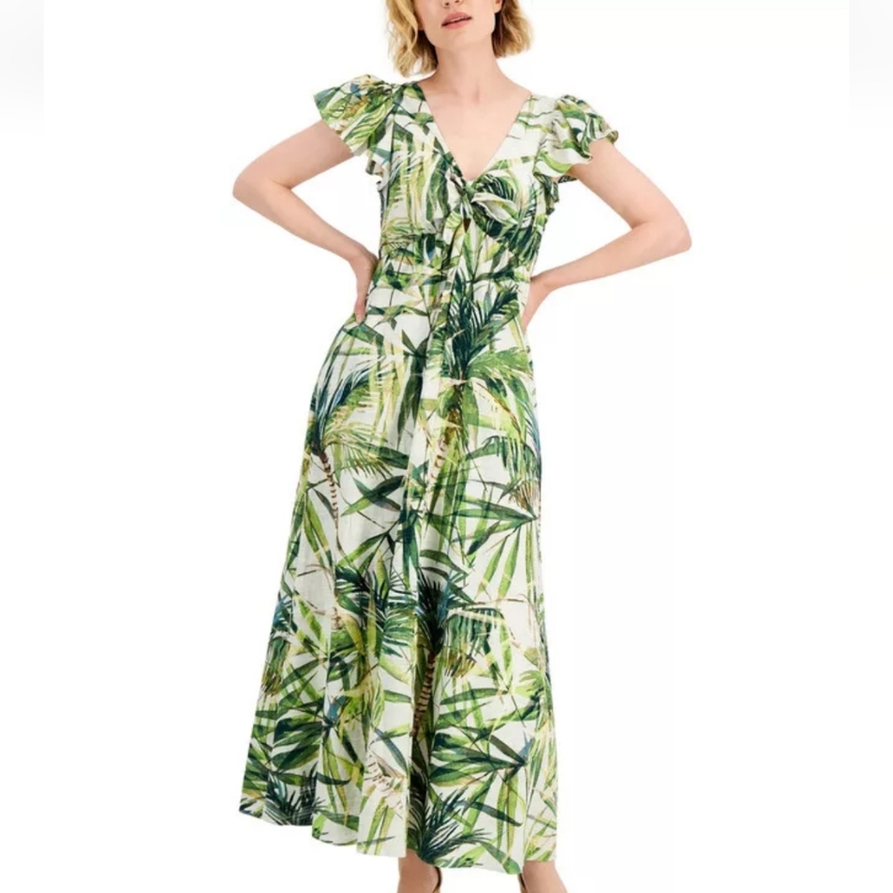 Printed Flutter Sleeve Maxi Dress With Pockets by Taylor Size Small